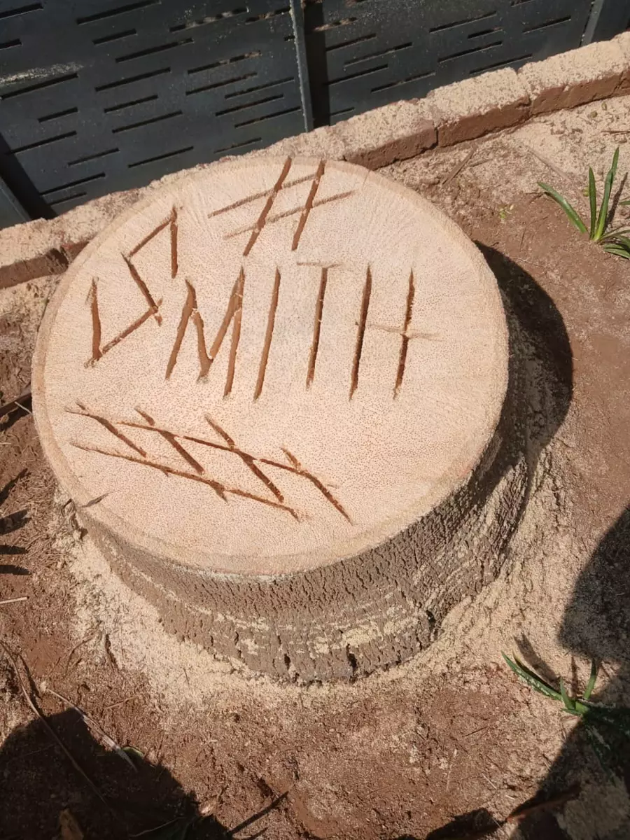 Tree stump with carved lettering in sandy ground