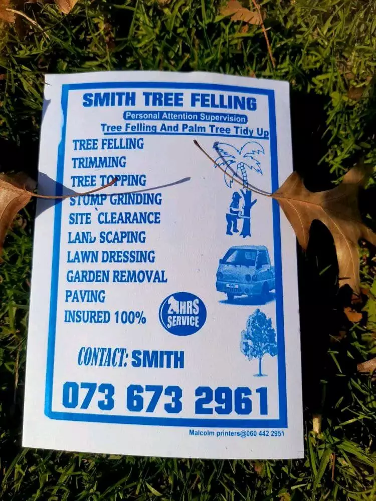 Smith Tree Felling service flyer showing contact details and full service list